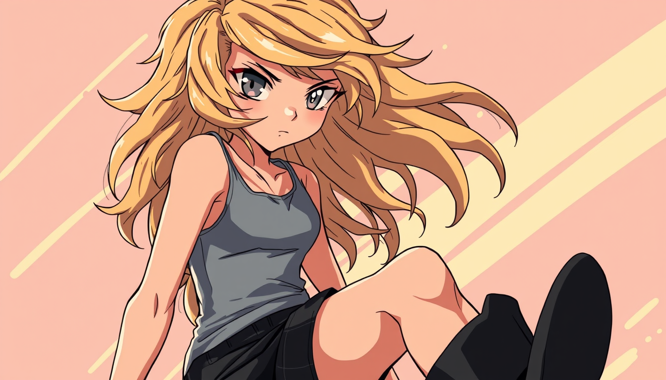 Anime idea: anime style, vibrant colors, expressive eyes, Tan dark dirty blonde long and wavy hair side profile side eye mad face light gray tank top grey eyes in