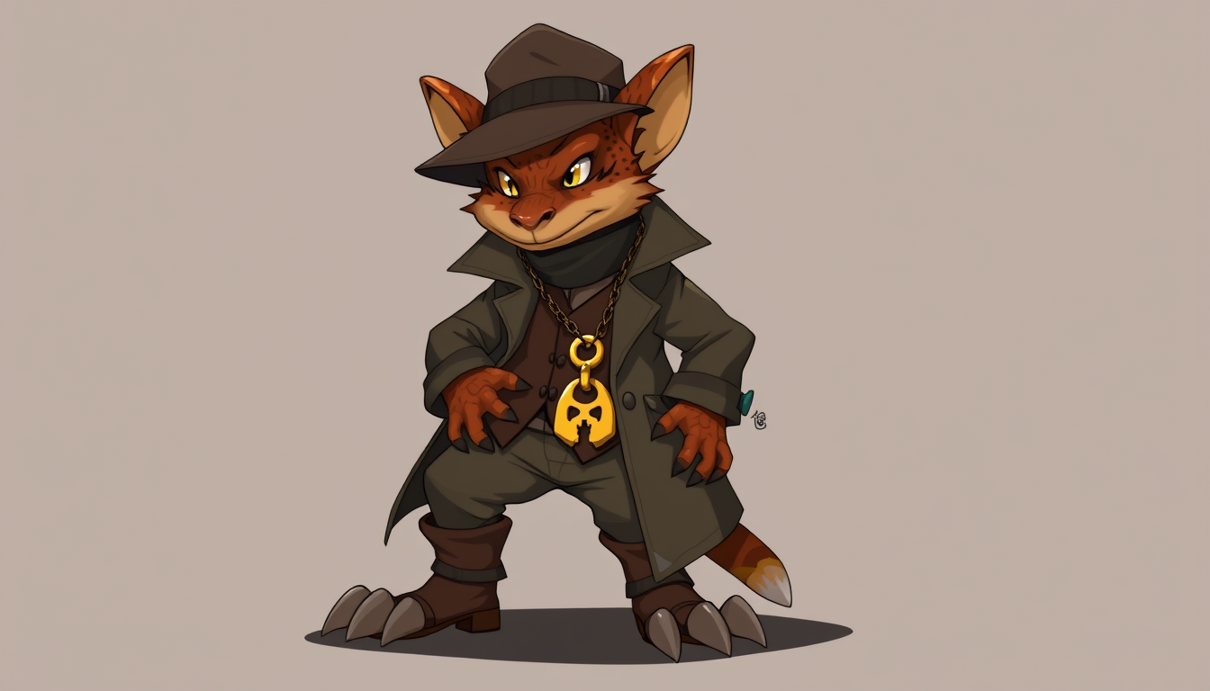 Characters idea: an original character defined by silhouette, role, outfit, palette, and expression, deliberate composition, Kobold inquisitor for a banking cult. Youn