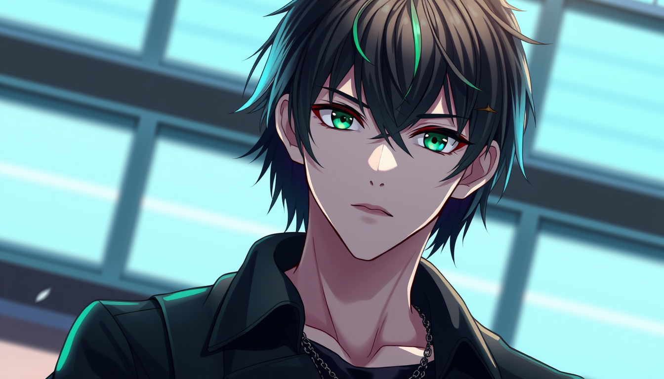 Main art studio: Anime style male vtuber model with medium length black hair with emerald green highlights, green eyes and muscular body wearing dark emo style clothin