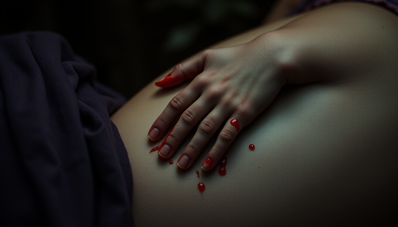 Main art studio: My tiny hands were covered in blood. I was lying on my mother's belly, still connected to her by the umbilical cord, in a dark and remote corner of th