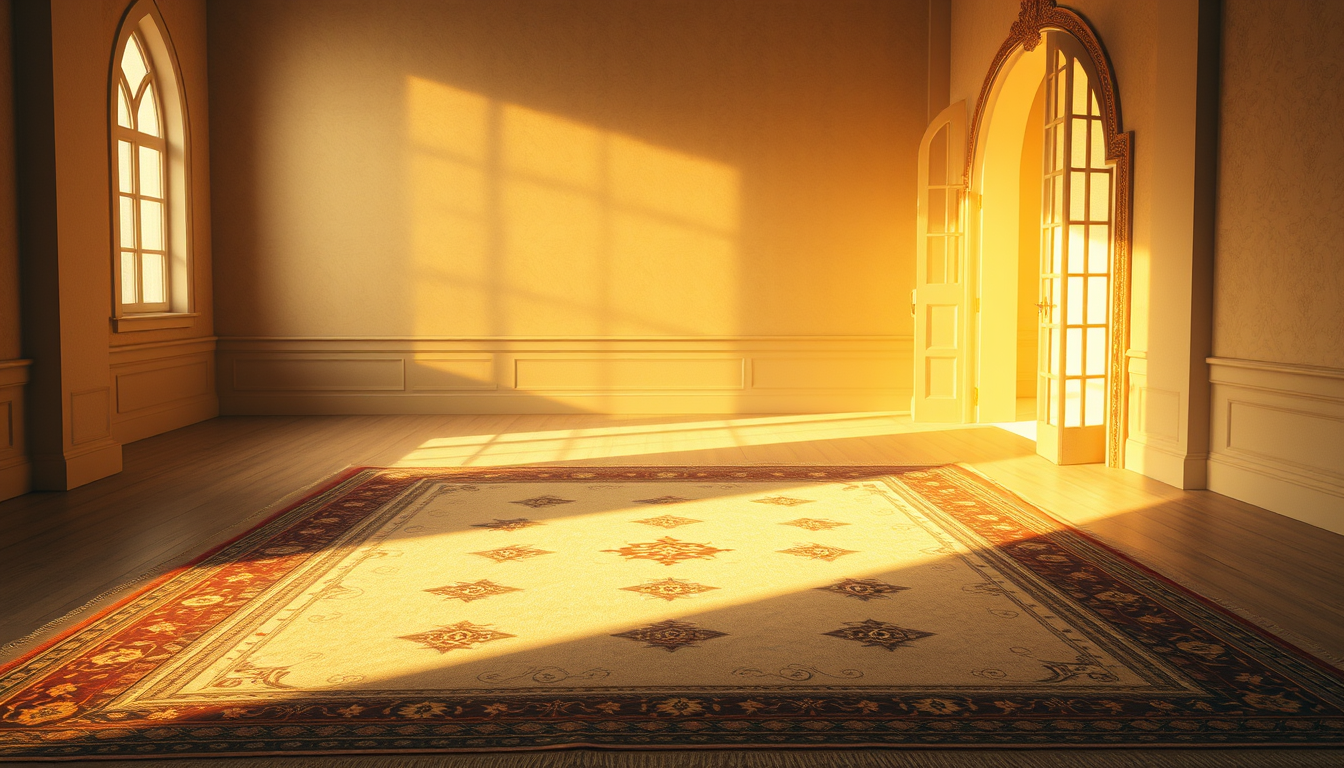 Main art studio: Prompt: A warm, inviting, and deeply encouraging cinematic conceptual art piece. A serene, softly lit room where a clean prayer rug is laid out, with 