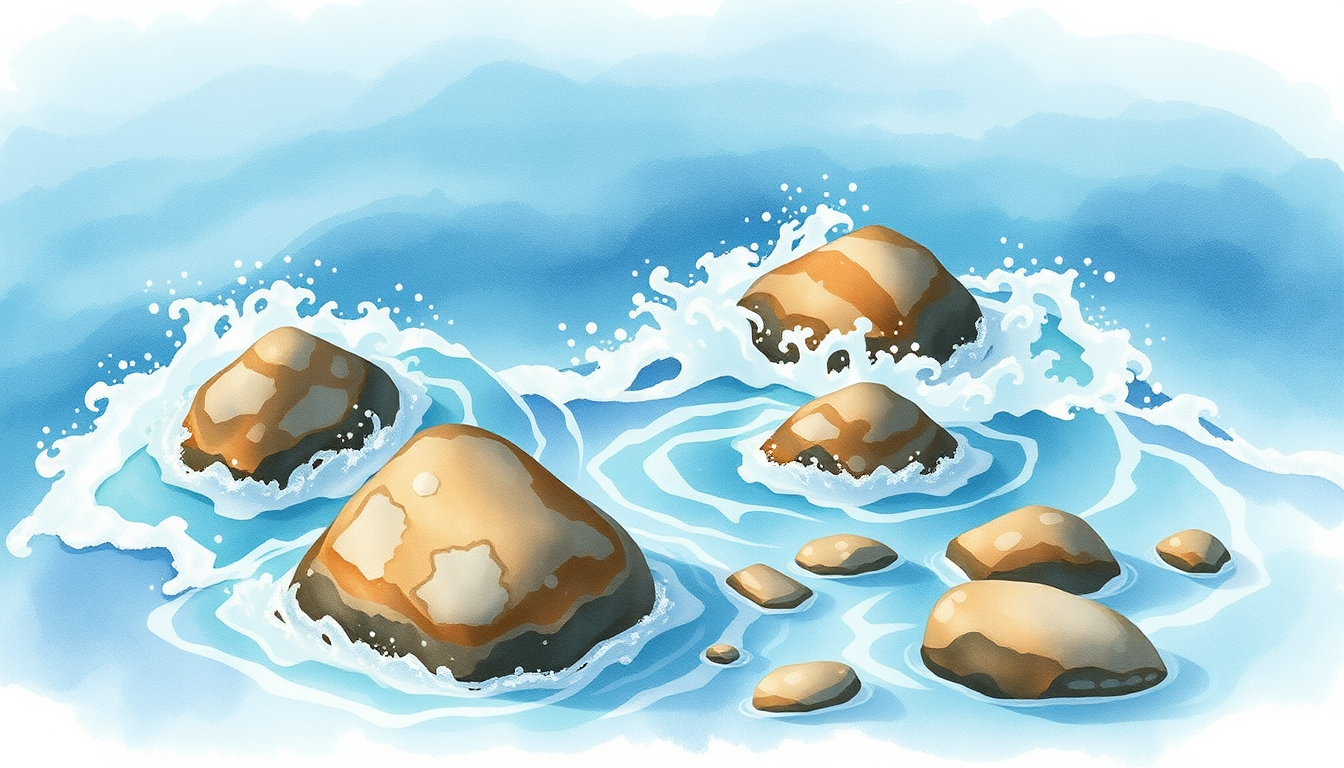 Main art studio: Friendly ocean waves play around the lonely rocks, splashing them with sparkling white foam. The rocks begin to look happier as if listening to kind w