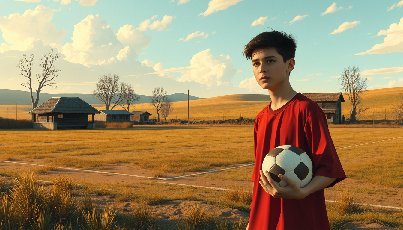 AI Art prompt example created from the prompt: a 17 year old boy named Ali stanging on an old football field in a small Kazakh village,holding a football and dreaming of becoming a profes