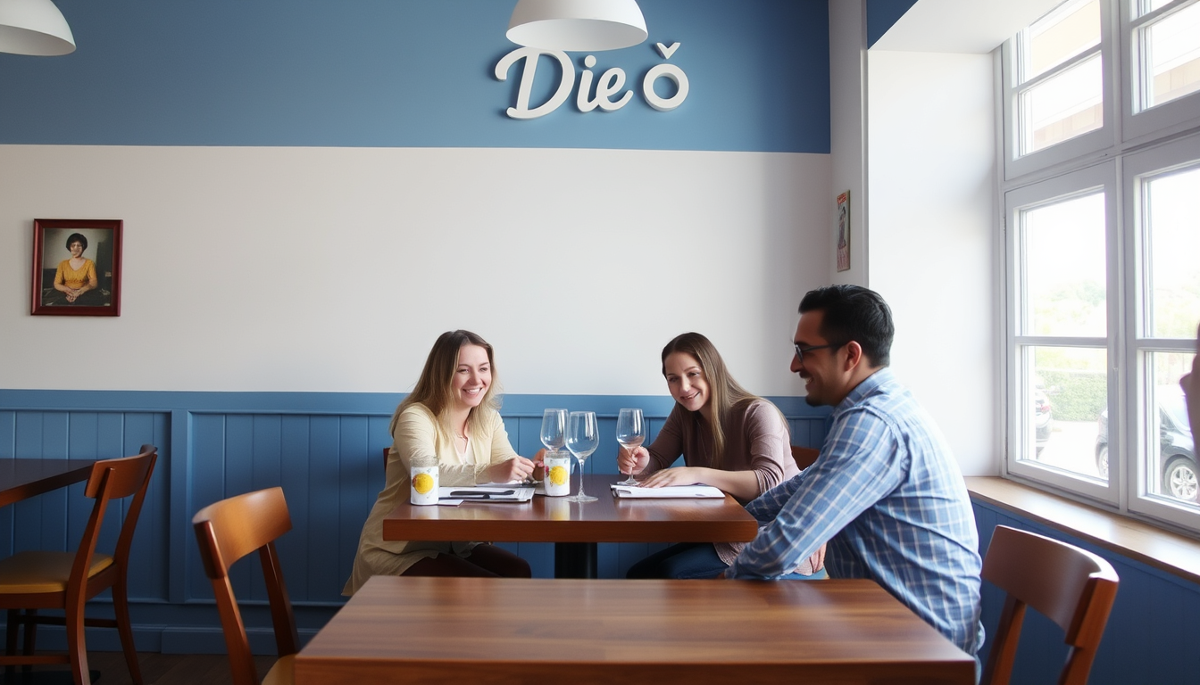 Main art studio: please make a family of four at a blue and white restaurant called Die Φίλθι Restaurant.