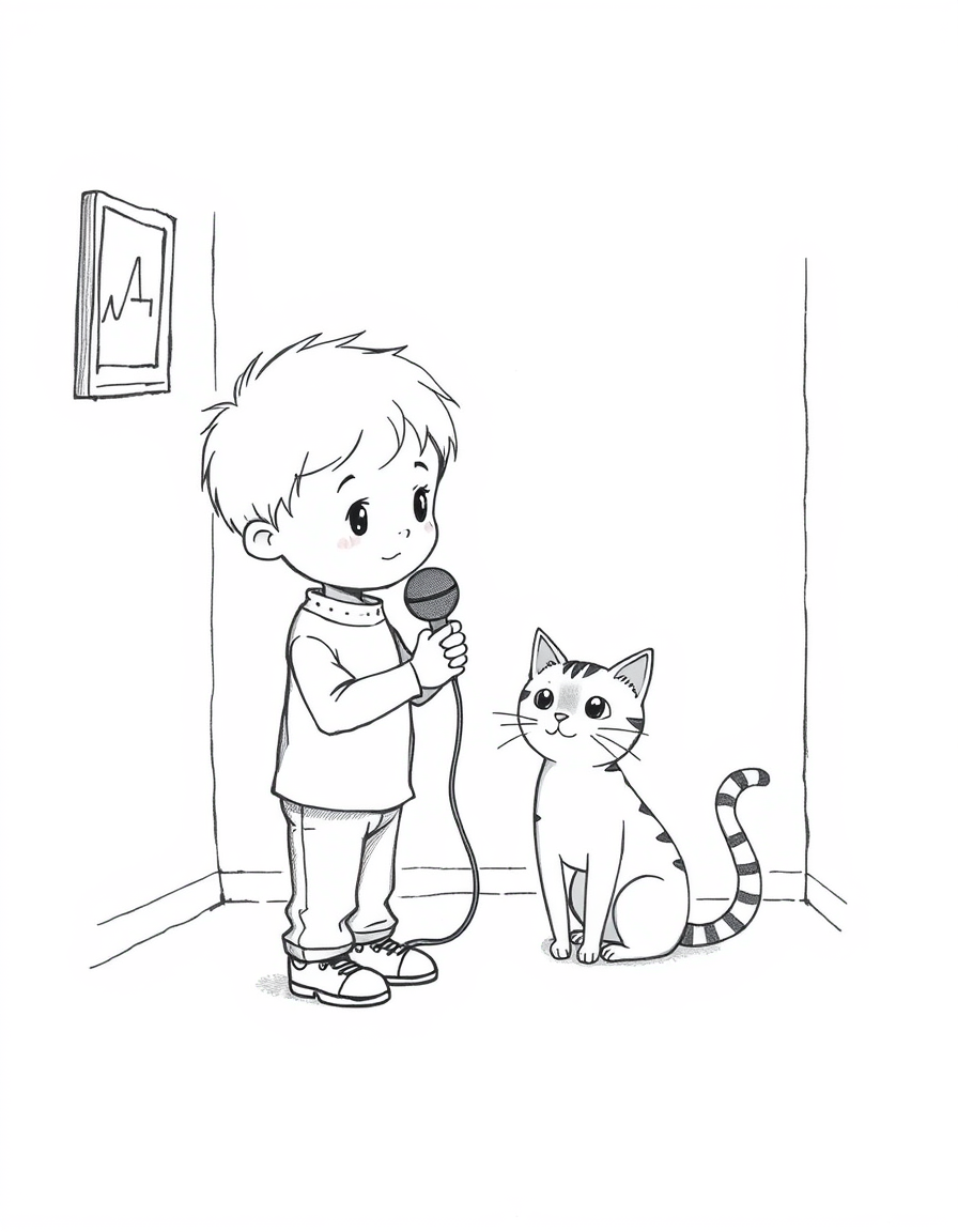 Main art studio: A cute little boy standing in a small cozy room, holding a microphone toward a cat as if interviewing it. The cat sits proudly in front of the microph
