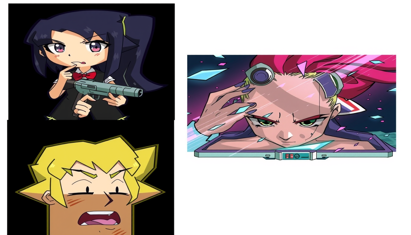 Main art studio: haz que los dos primeros personajes esten en las poses, fondo, expreciones, tamaño de las facciones de la imagen separada
