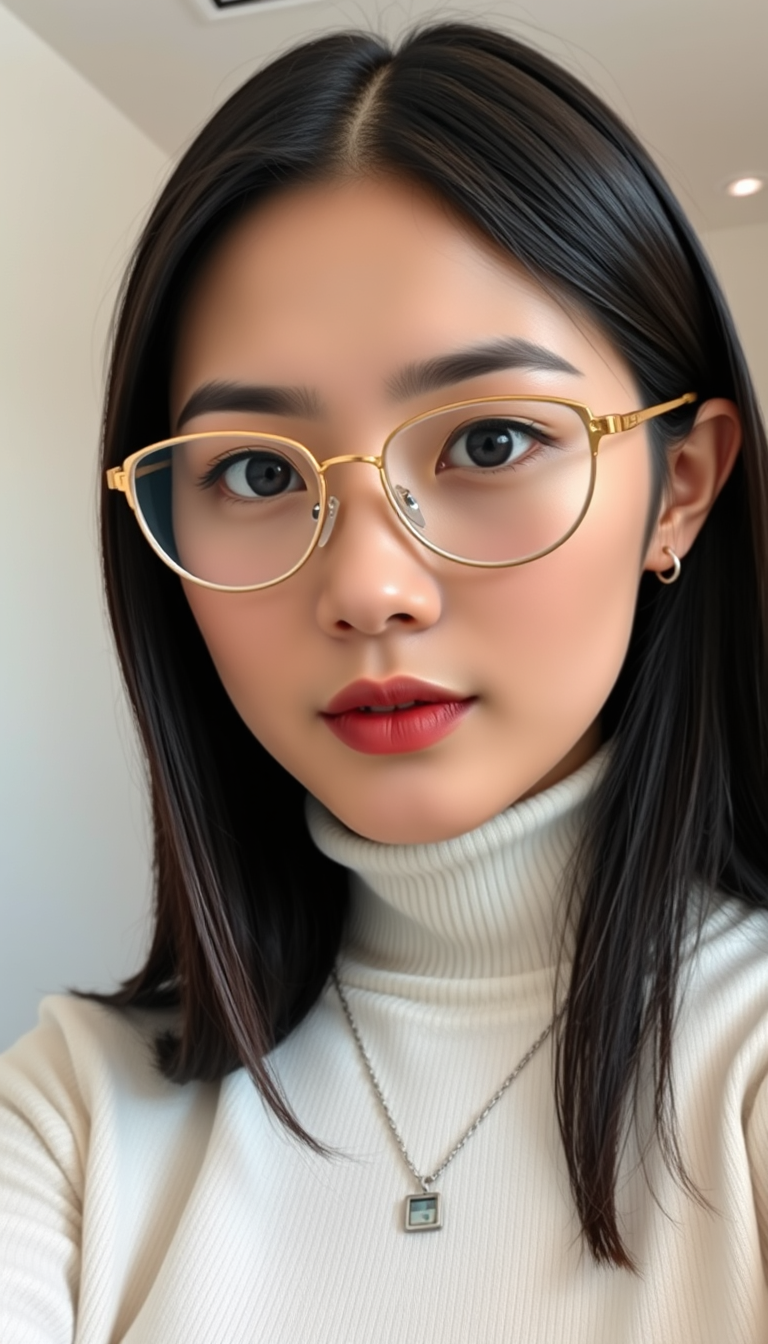 Portraits idea: portrait, detailed face, professional lighting, Photoreal high-angle handheld selfie. Bust: face ears neck upper chest. East Asian woman 25. Long stra