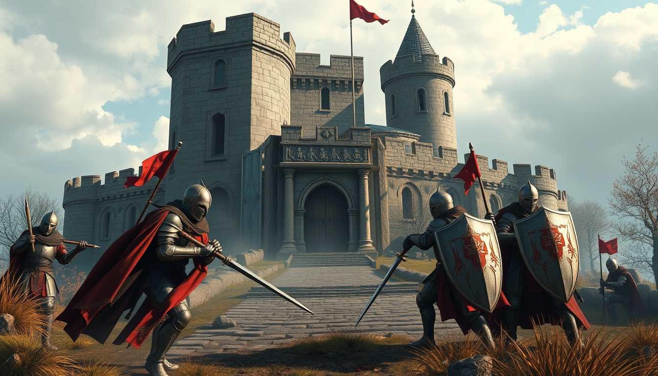Main art studio: "Slay & Play" with 4 knights in front of a castle