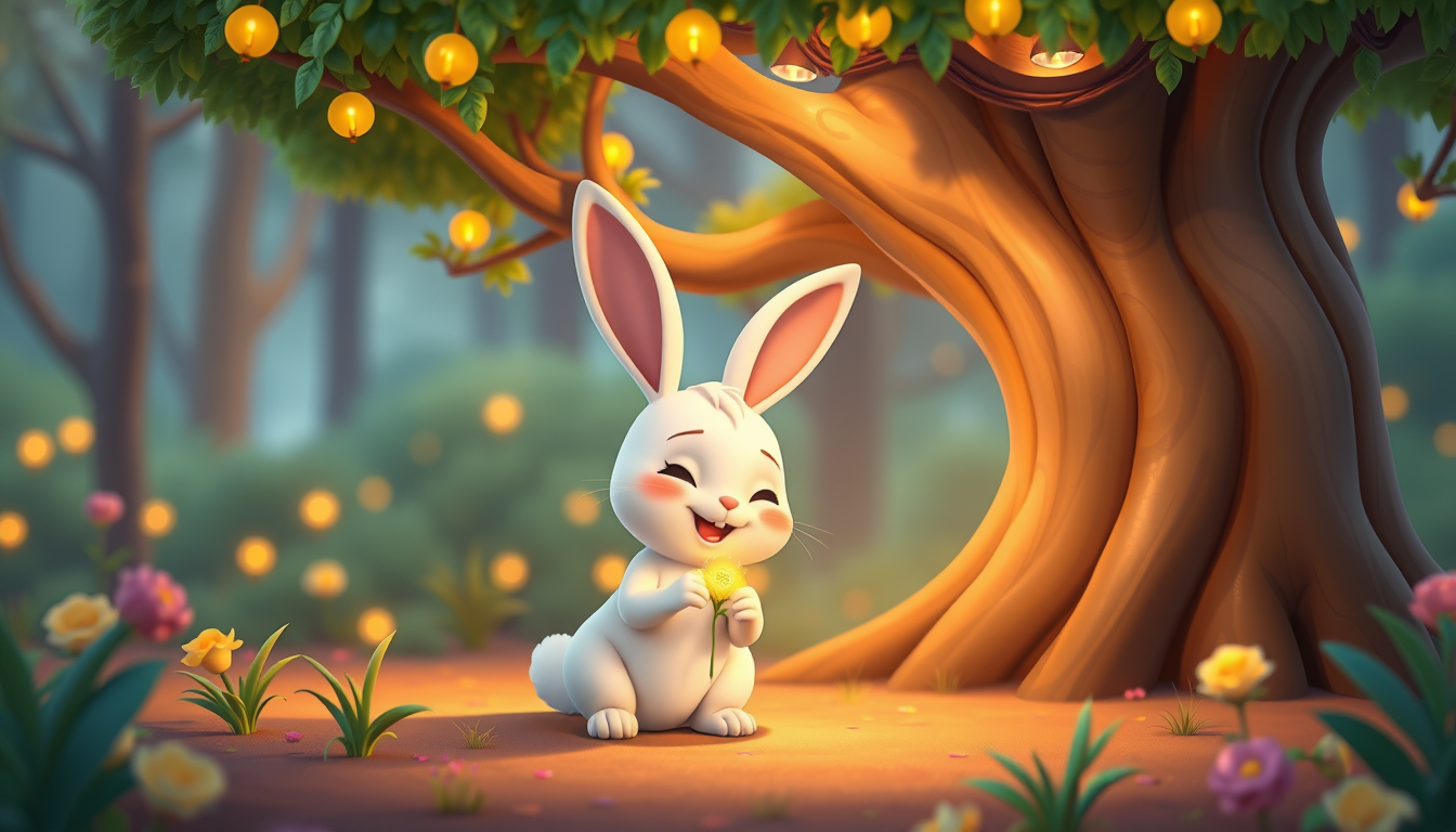 Main art studio: The same cute white bunny discovers a small golden glowing flower under the magical tree. The bunny gently picks up the flower and smiles happily. The