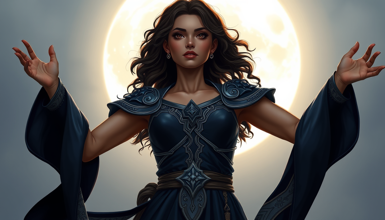 Characters idea: an original character defined by silhouette, role, outfit, palette, and expression, deliberate composition, She is tall slim and wearing beautiful dar