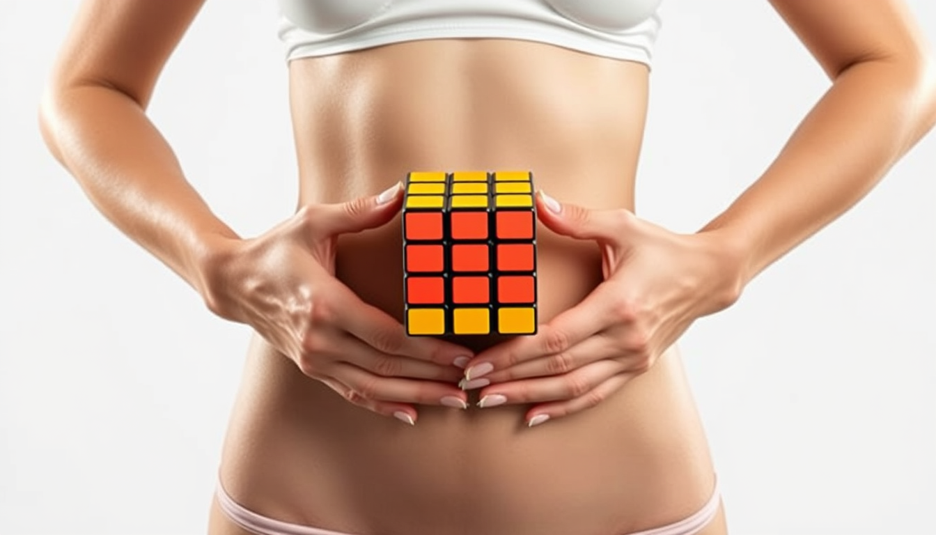 AI Art prompt example created from the prompt: A realistic image of a slim woman with a narrow waist. She is holding a stickerless 3×3 Rubik’s Cube in both hands, positioned around the mi