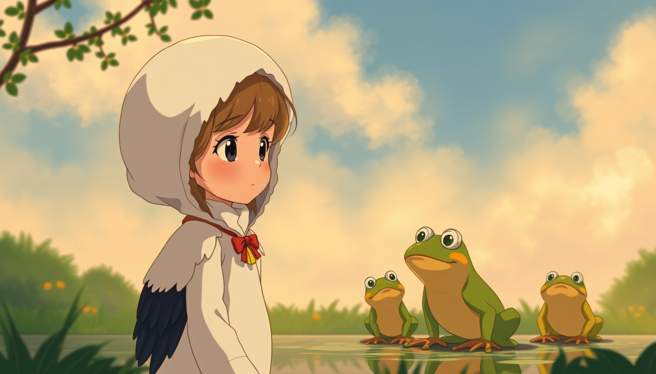 Ghibli idea: Studio Ghibli inspired animation, soft warm color palette, painterly backgrounds, gentle character design, Girl in realistic stork costume looking for