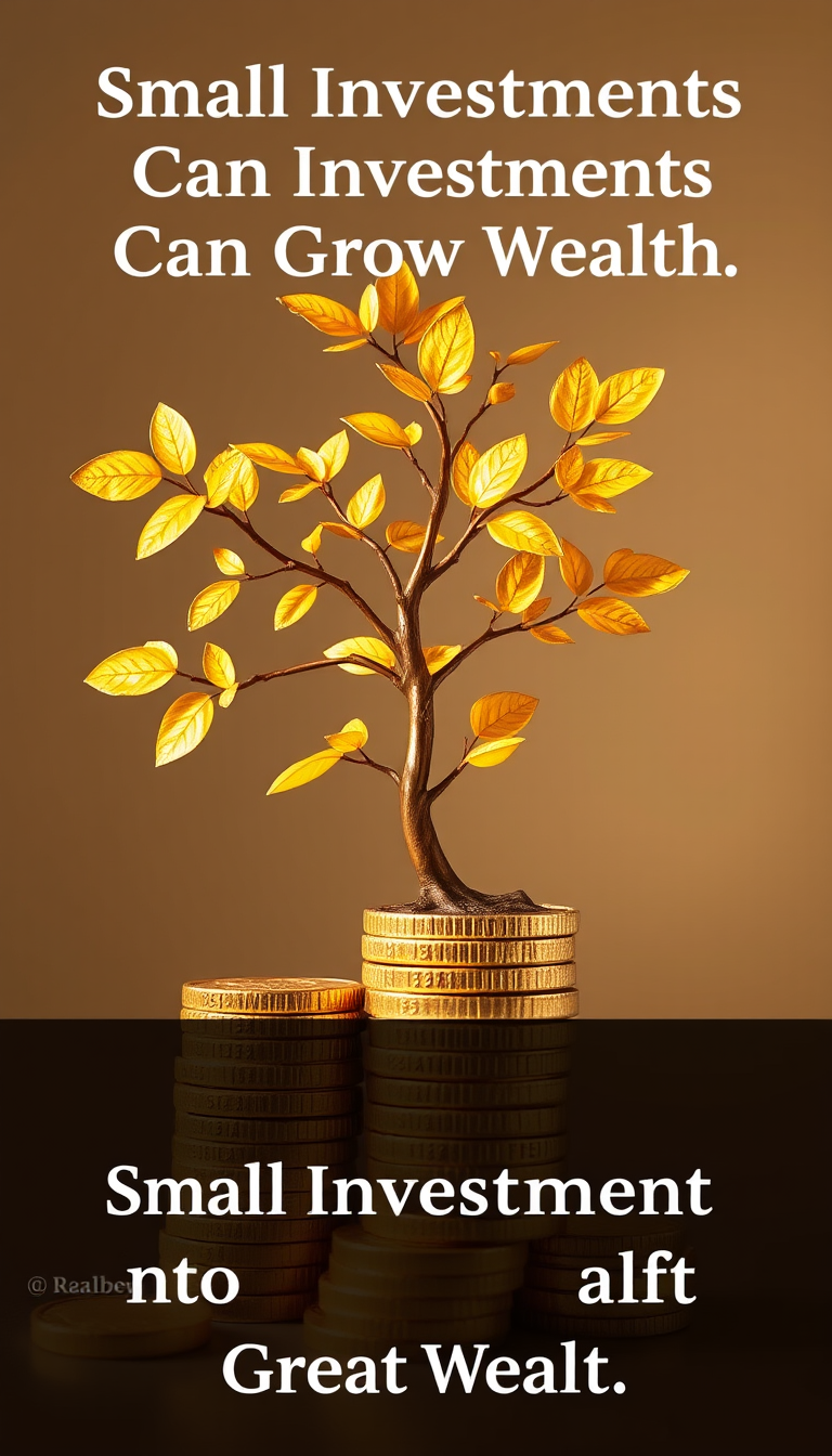 Main art studio: Stack of gold coins transforming into a growing tree with golden leaves, quote: “Small Investments Can Grow Into Great Wealth.”, elegant luxury aesthe