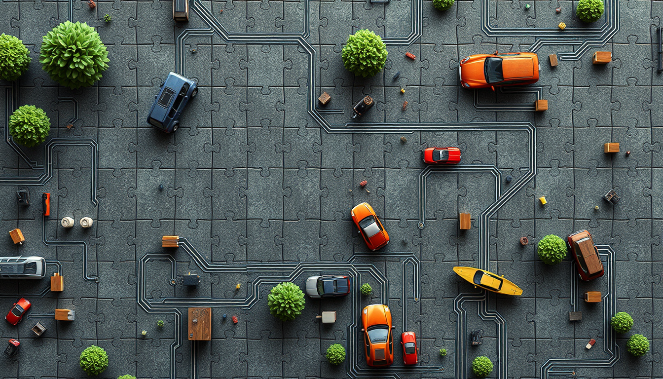 Main art studio: seccion como piezas de un puzzle de un circuito (asfalto) de coches top-down
