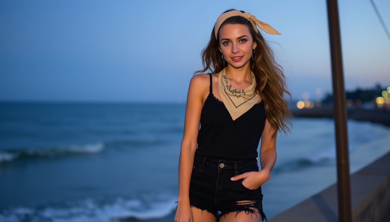 Main art studio: Could you create a few images where I look my best? I’d like to be wearing the same top with black denim shorts, with wavy hair and a beige bandana, s