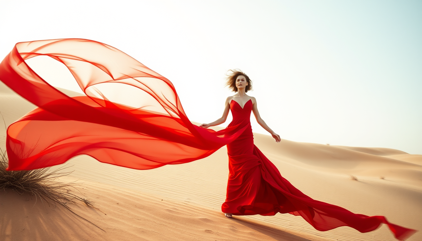 Main art studio: fashion editorial, flowing red dress in a desert, dramatic wind, soft light