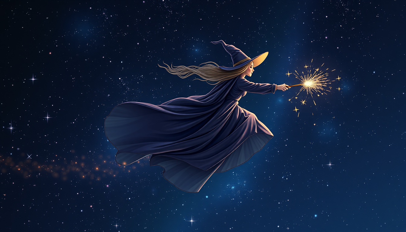 Main art studio: witch flying through a starry night sky, flowing robes, magical sparks