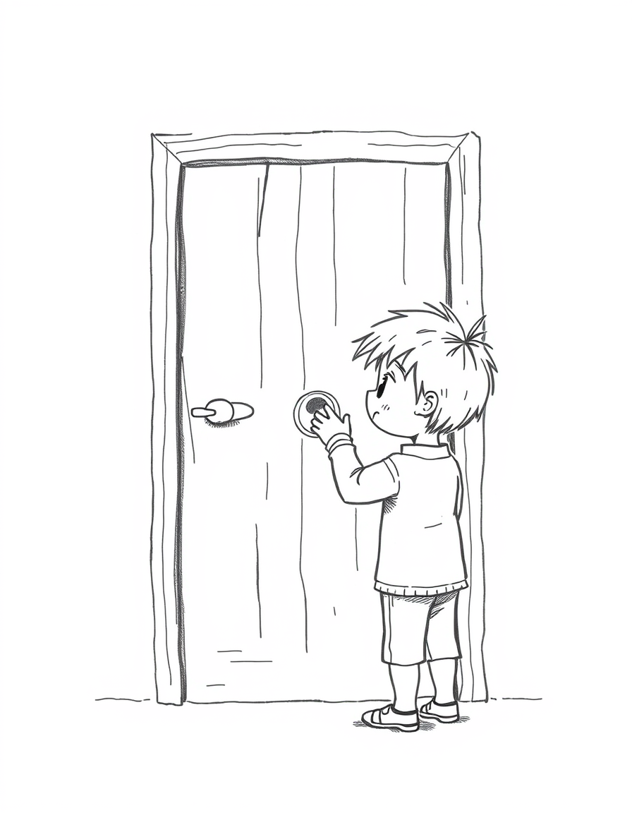 Main art studio: A cute little boy standing in front of a simple wooden door, carefully locking it for the second time, looking at the lock with a serious and curious