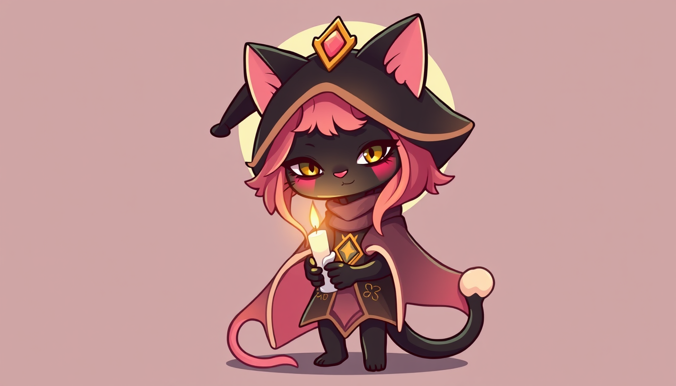 AI Art prompt example created from the prompt: chibi black cat mage holding a candle, fantasy, clean lineart flamingo