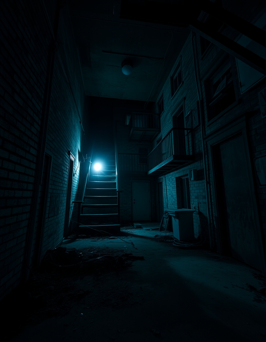 Main art studio: realistic abandoned apartment building basement, same location, same camera, night, flashlight lighting, horror atmosphere