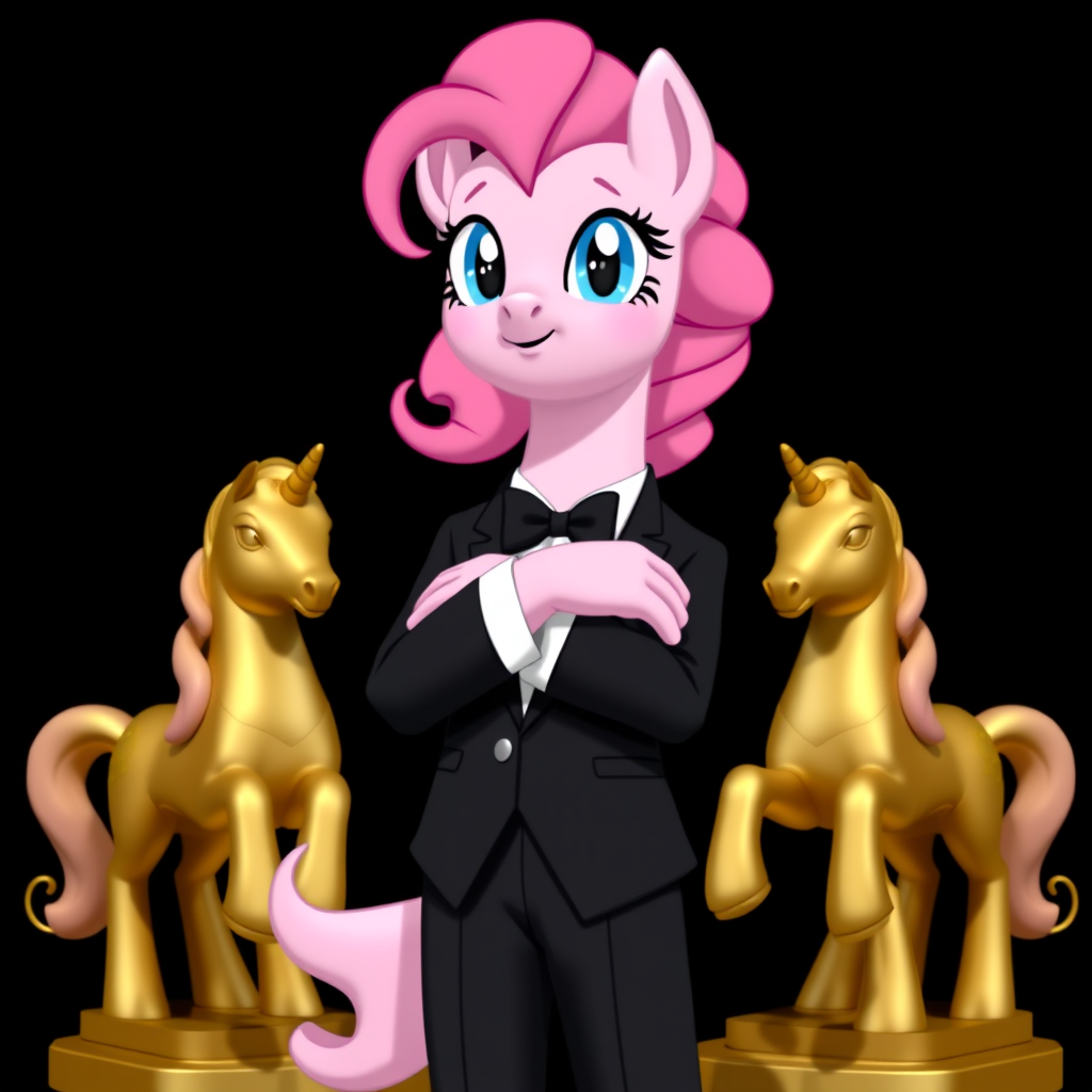 Main art studio: An anthropomorphic Pinkie Pie crossing her arms in front of her chest wearing a Black Tuxedo standing in front of a black background with two Solid Go