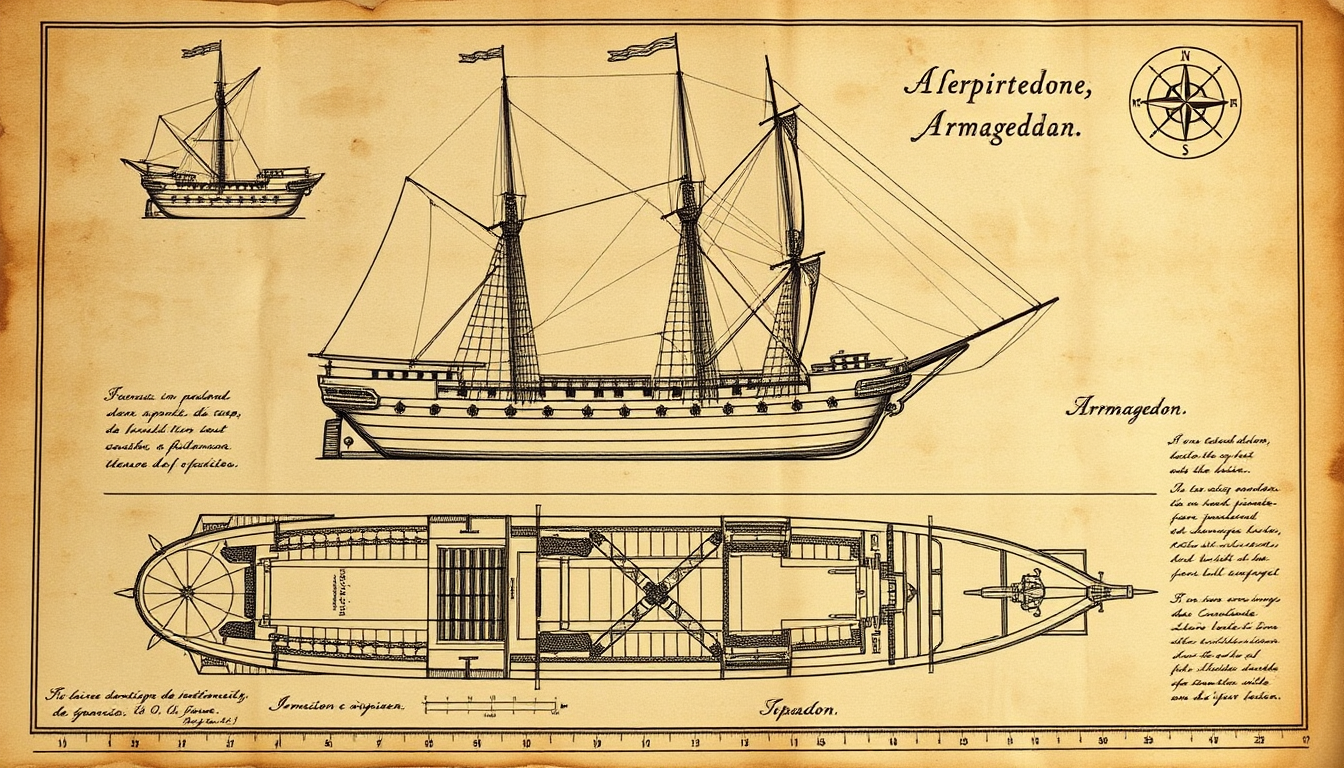 Main art studio: An 18th-century Spanish first-rate ship of the line named "Armageddon", authentic naval blueprint, ink on aged parchment, top view, side elevation, cr