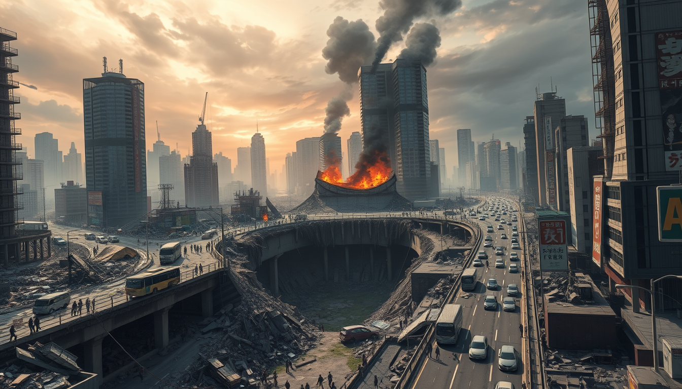 Anime idea: anime style, vibrant colors, expressive eyes, Japanese anime photorealistic-style illustration, a completely different scene from a normal city street