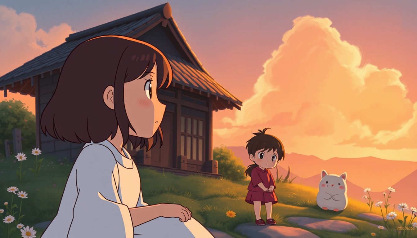 Ghibli idea: Studio Ghibli inspired animation, soft warm color palette, painterly backgrounds, gentle character design, 지브리 스타일로 귀신을 죽이는 토시오 , Miyazaki-style scene