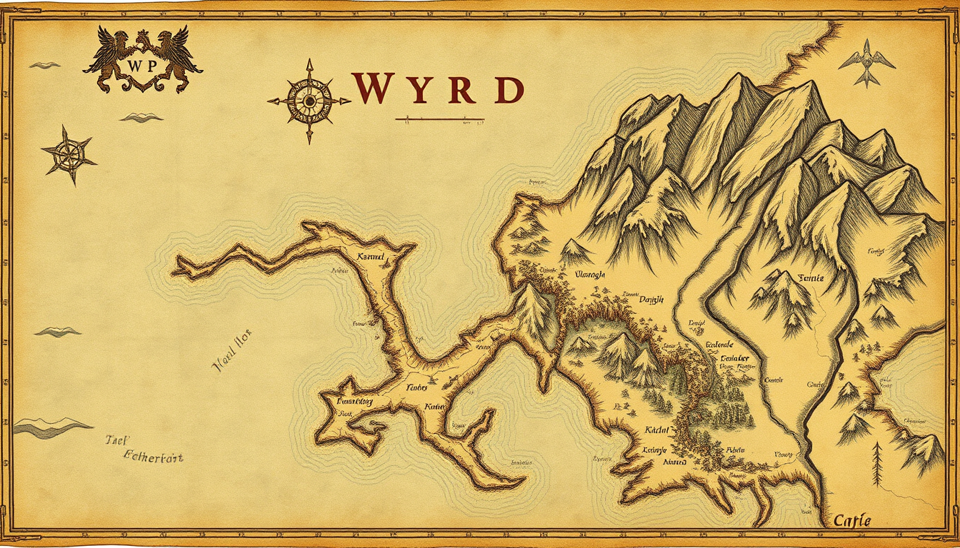 Fantasy Maps idea: fantasy world map, hand-drawn cartography, aged parchment, mountains forests and coastlines, город котоград , detailed RPG region map