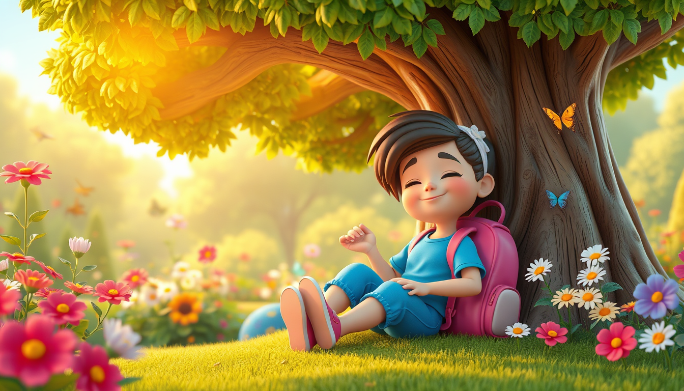 Main art studio: Tina resting peacefully under a large friendly-looking tree in a beautiful colorful garden. She sits comfortably beside her small backpack and smiles