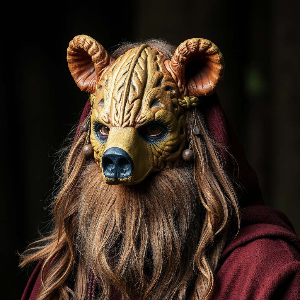 Main art studio: angled picture of the druid and have a bear face mask cover the face.