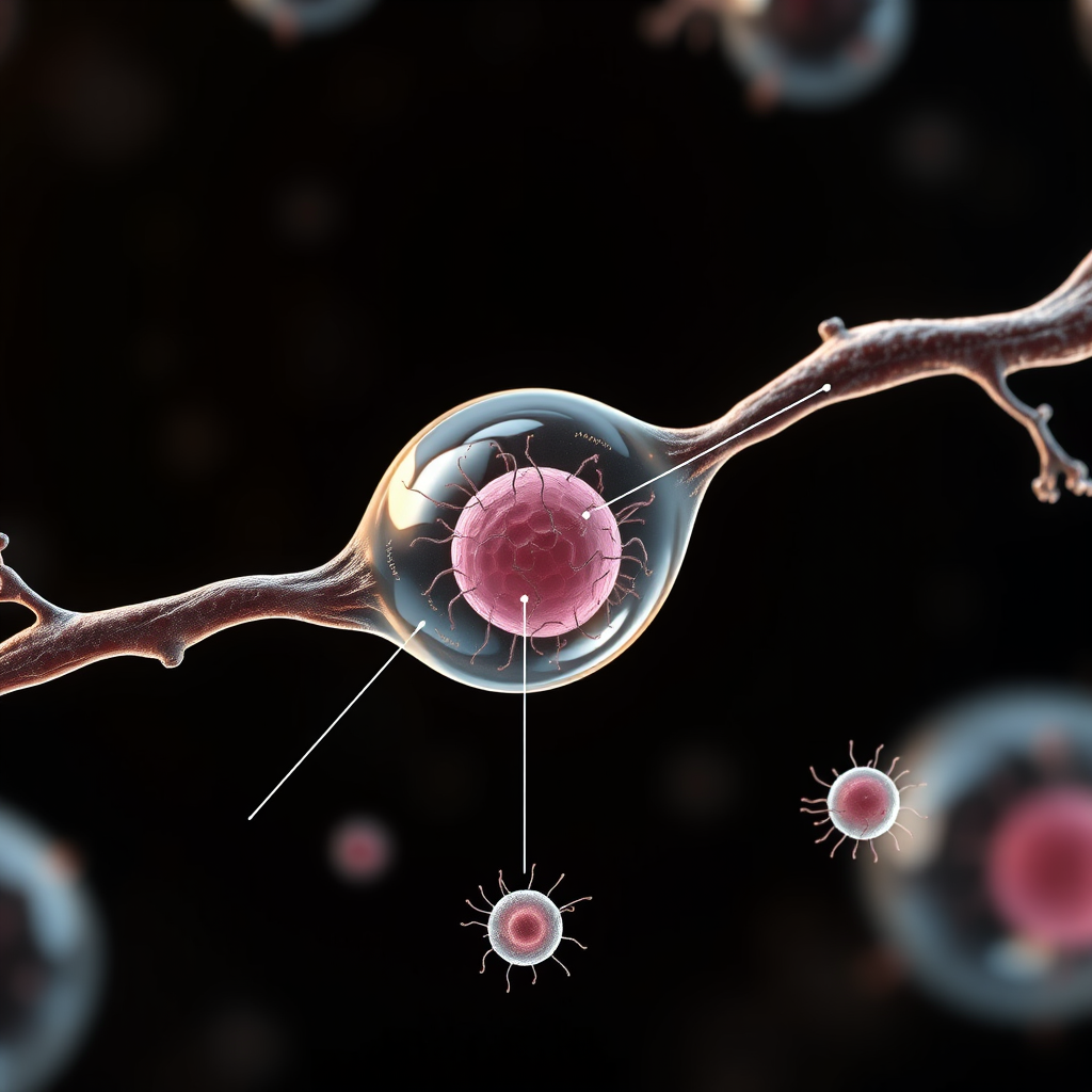 Main art studio: Clean photorealistic scientific visualization of a stem cell with only limited differentiation pathways leading to specific specialized cells, clearly