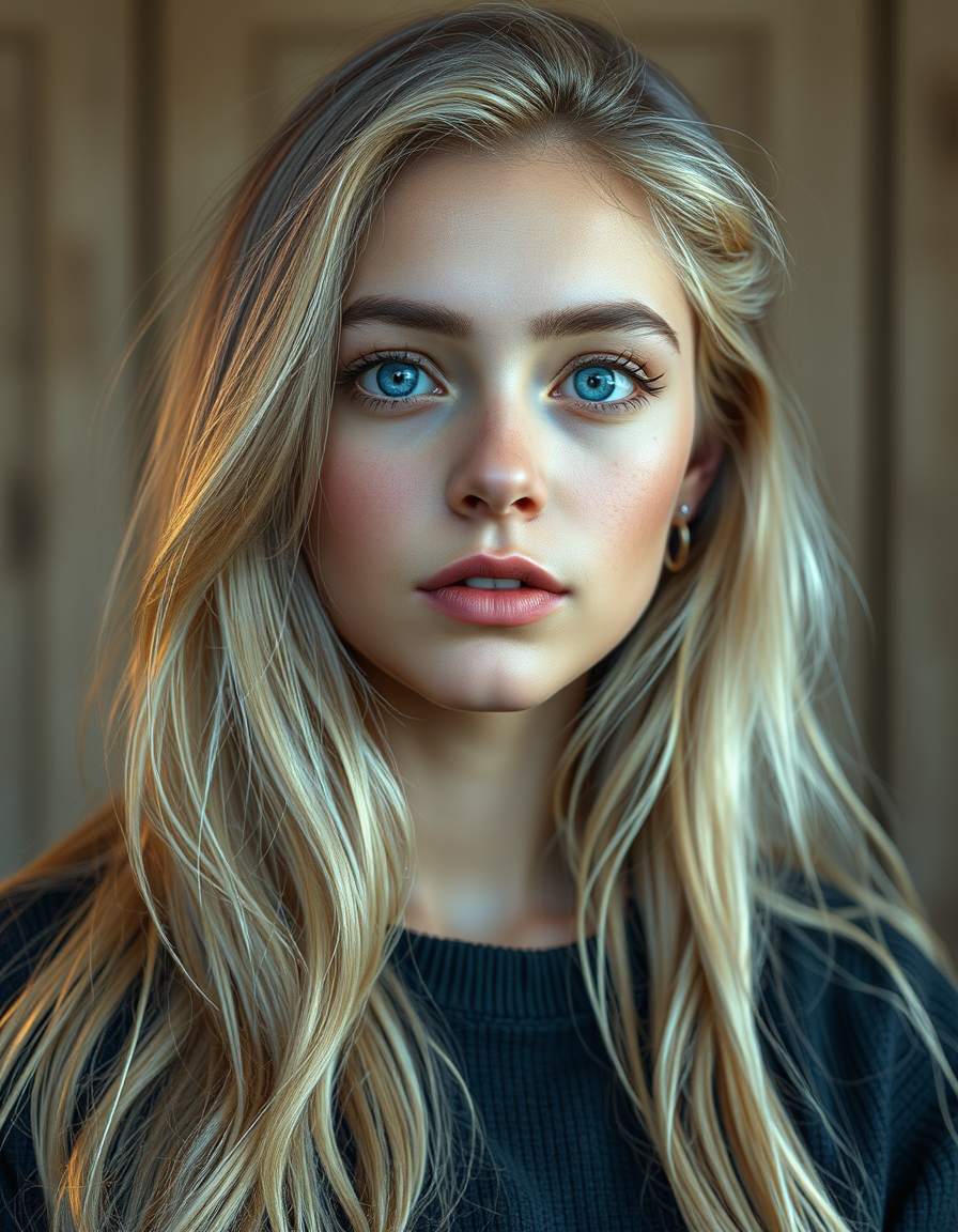 Realistic AI Image idea created from the prompt: photorealistic generated image, natural materials and skin texture, physically plausible lighting, I want a realistic girl with blonde long