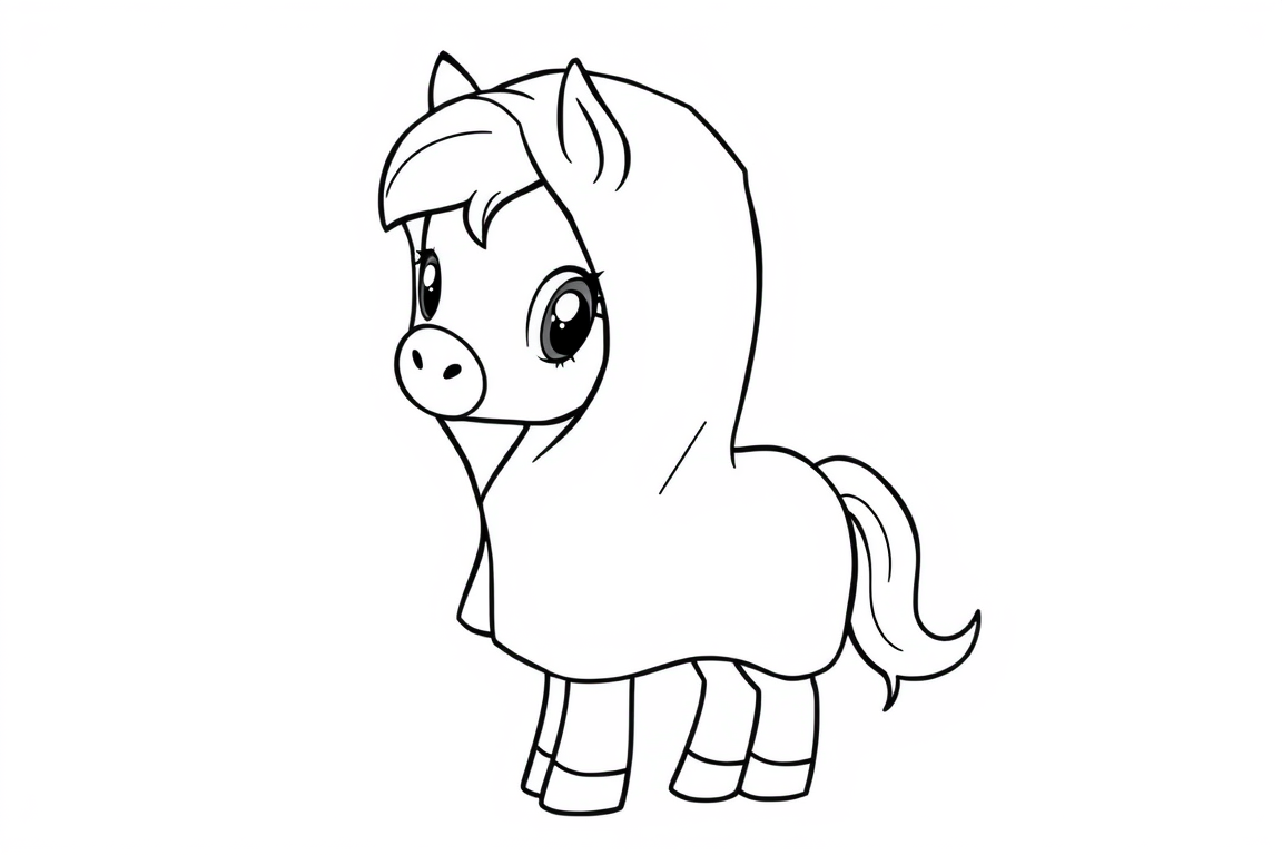 AI Coloring Page idea created from the prompt: black-and-white coloring page, bold clean outlines, large enclosed areas, no shading, Cute small pony wearing a loose ghost-sheet costume. F