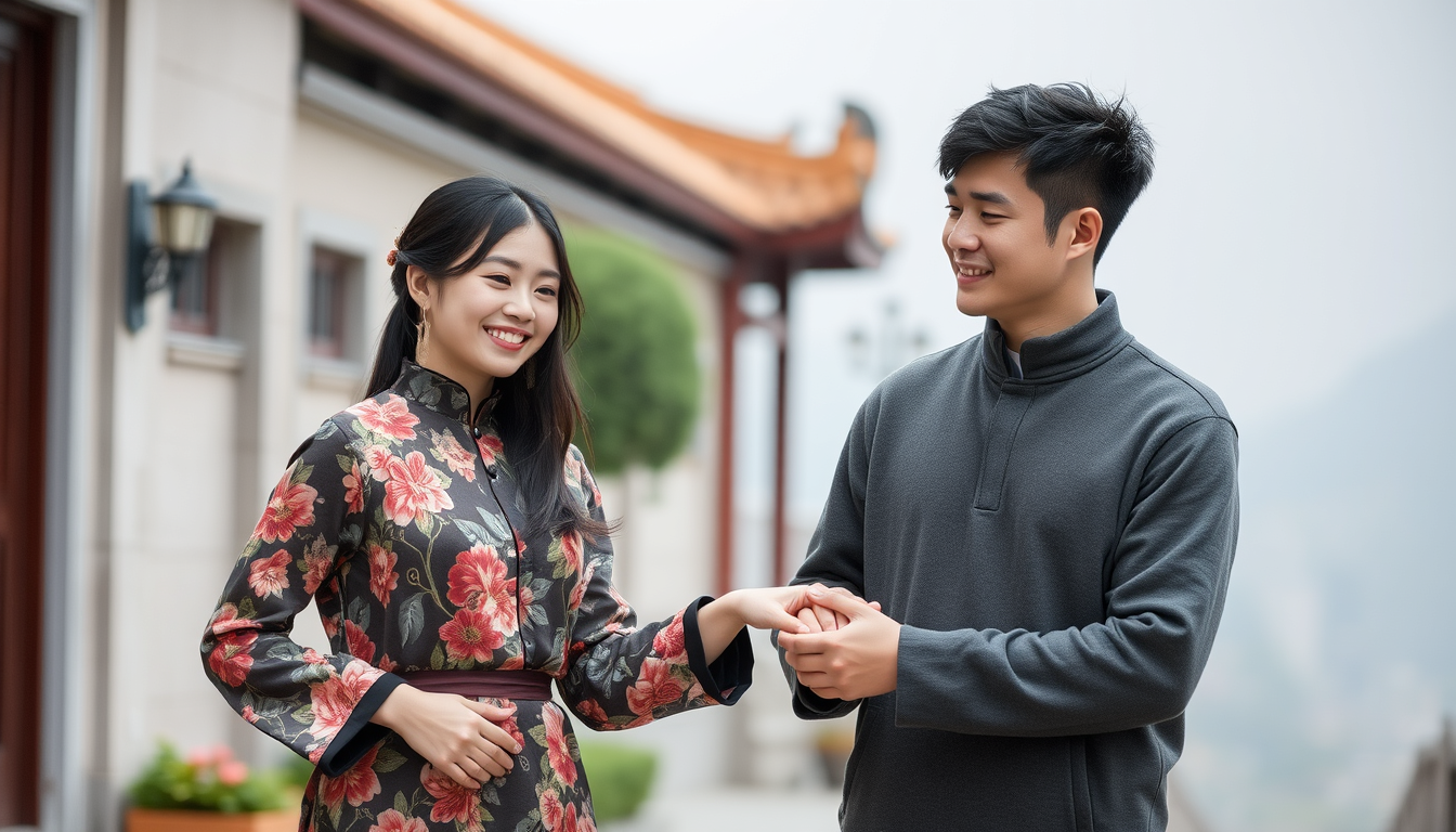 Main art studio: Have a beautiful Chinese girl hold hands with a Chinese young man.