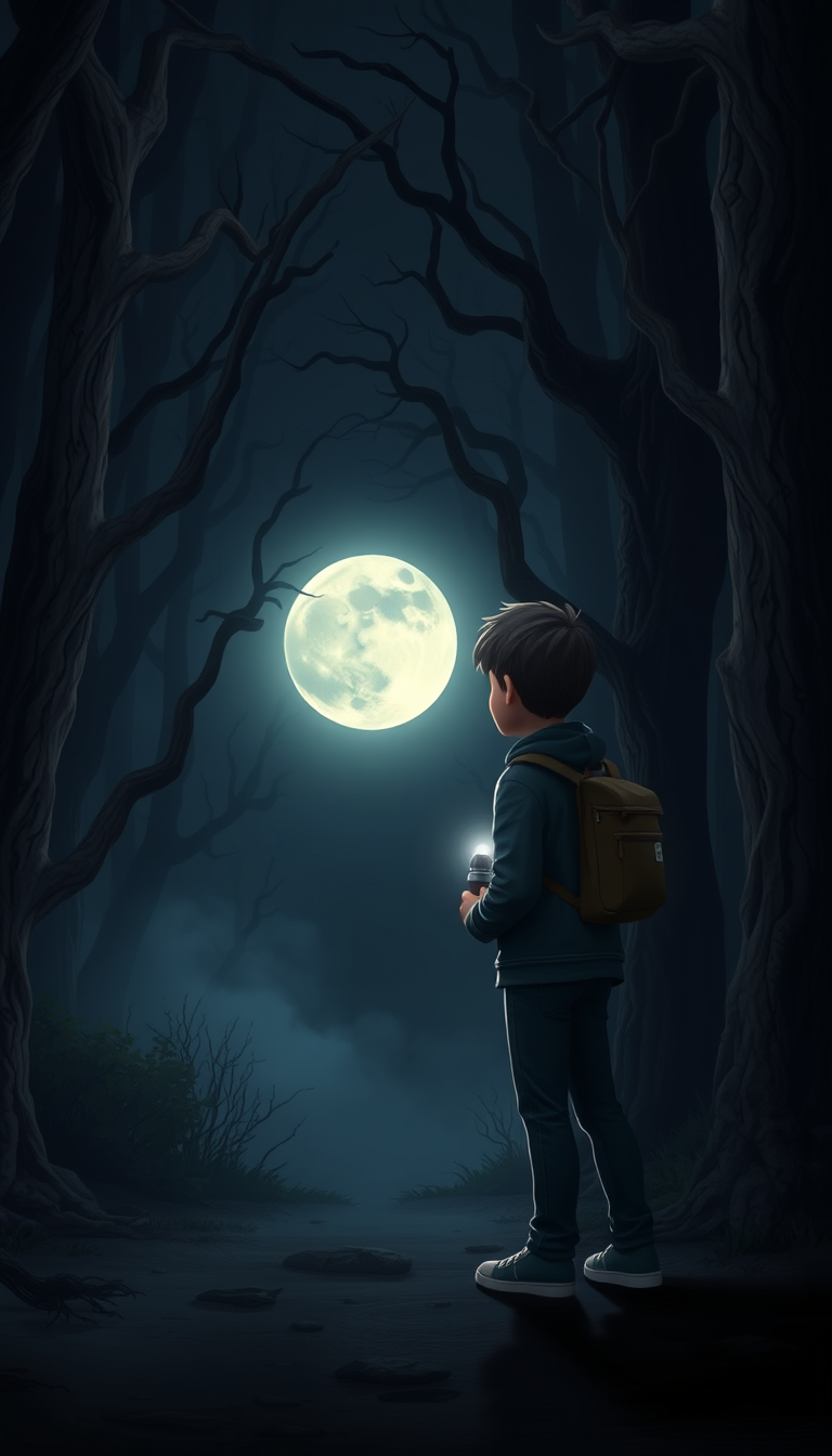 Main art studio: Same character as the reference image, same face, hair, hoodie, pants, backpack and 3D cartoon style. The boy stops in a dark haunted forest and looks