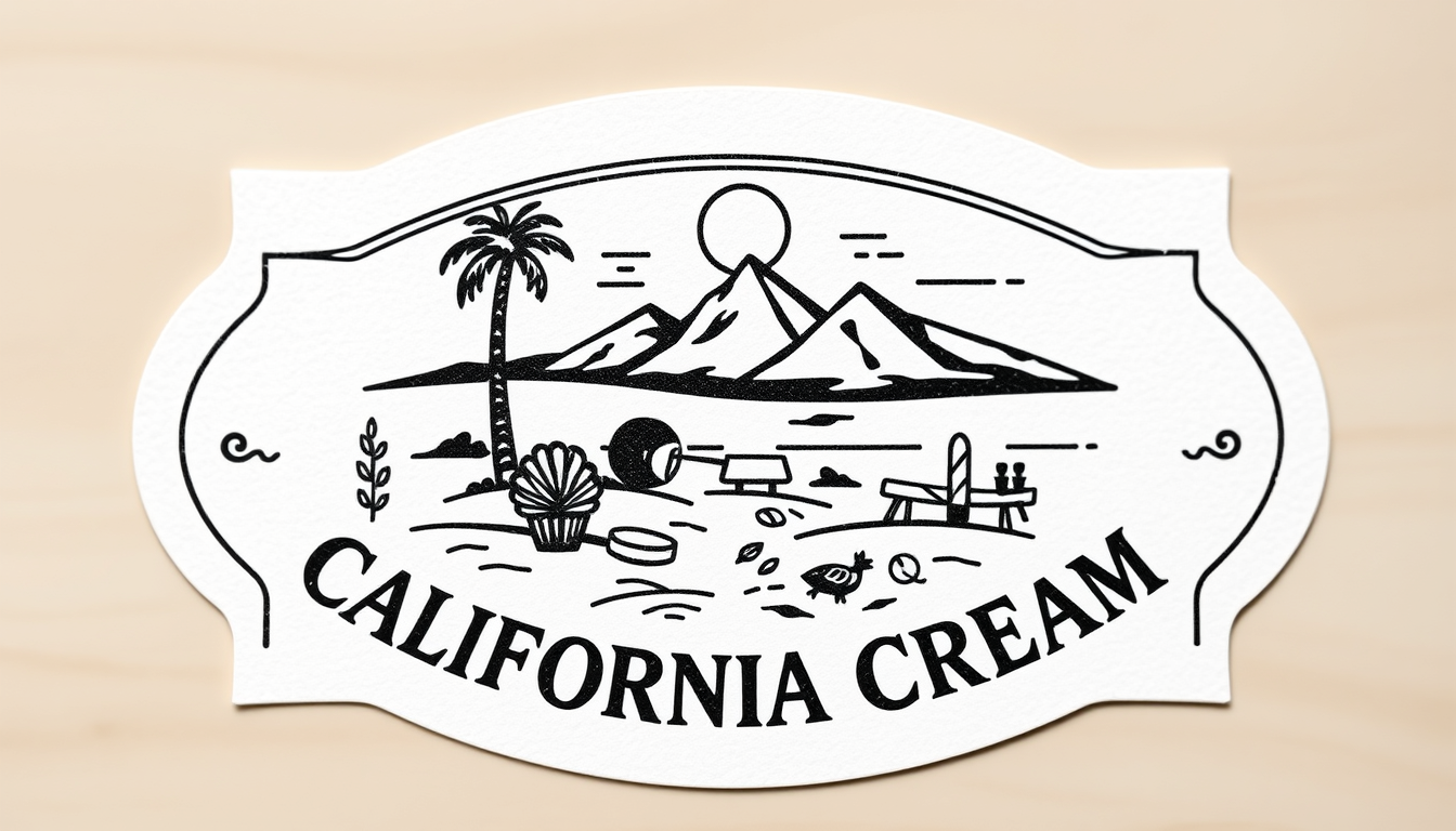 Main art studio: a simple 19. century black and white label. one by one inch. a simple grafic that shows typical california landscape and things. name of the product: 