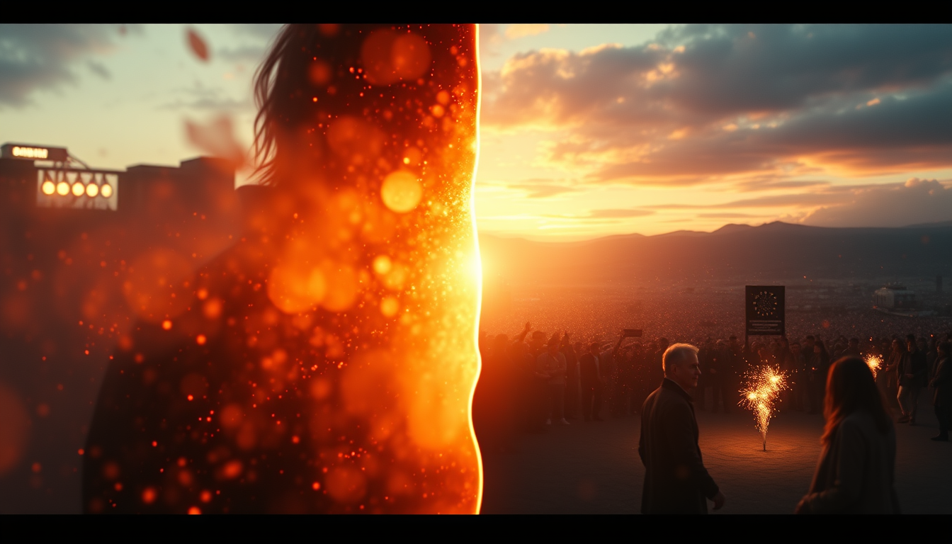 Main art studio: Two timelines blending together, one side showing a dreamlike glowing memory, the other side showing the same event happening in reality, seamless cin