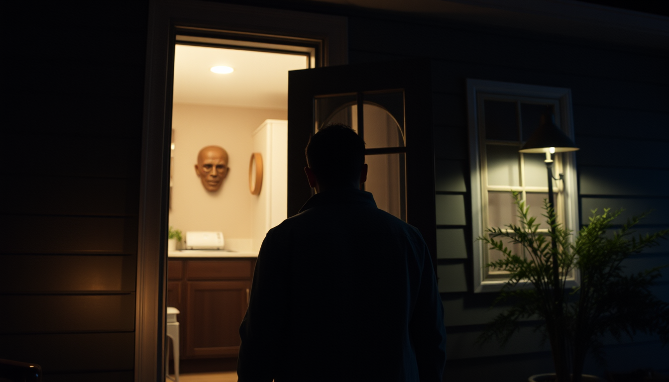 AI Art prompt example created from the prompt: A man comes home at night. He notices the door is open. He enters and sees something shocking…” countwr shot also