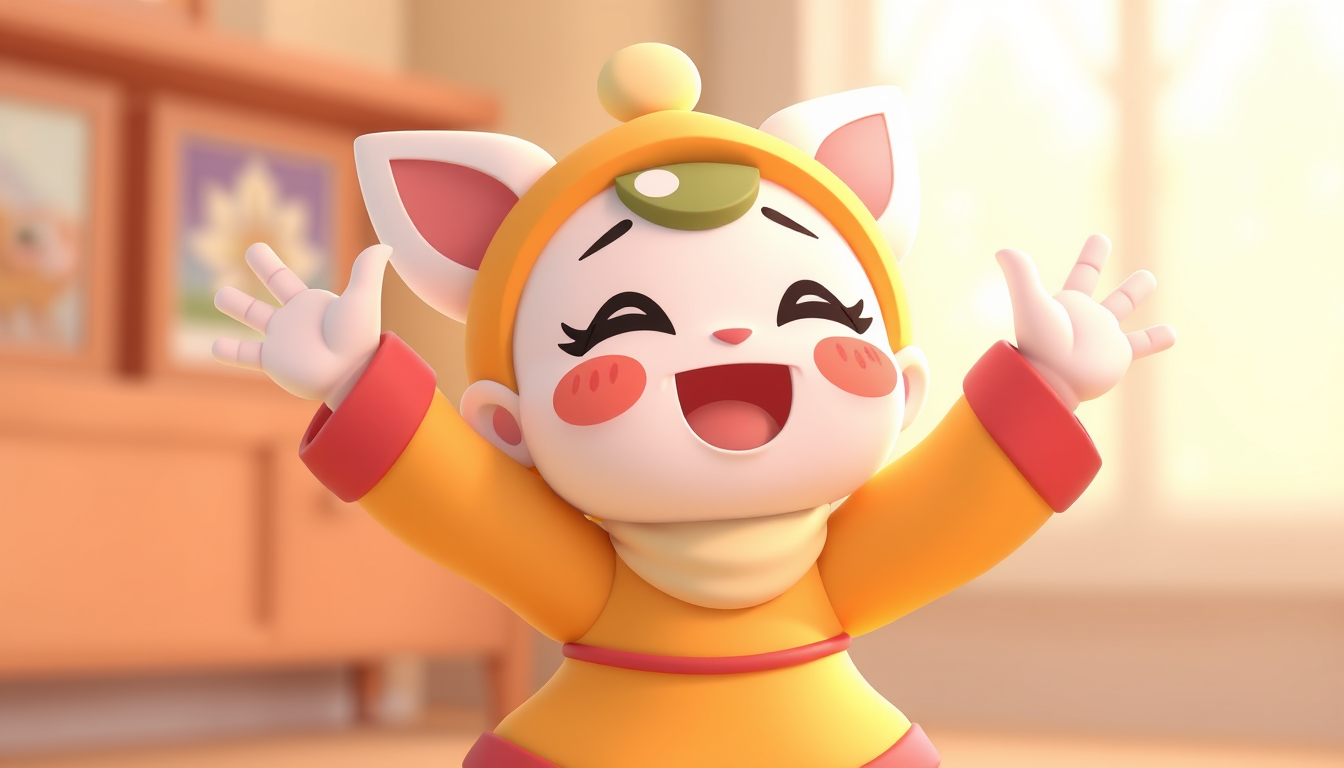 Characters idea: an original character defined by silhouette, role, outfit, palette, and expression, deliberate composition, Lumi is very happy and excited, smiling wi