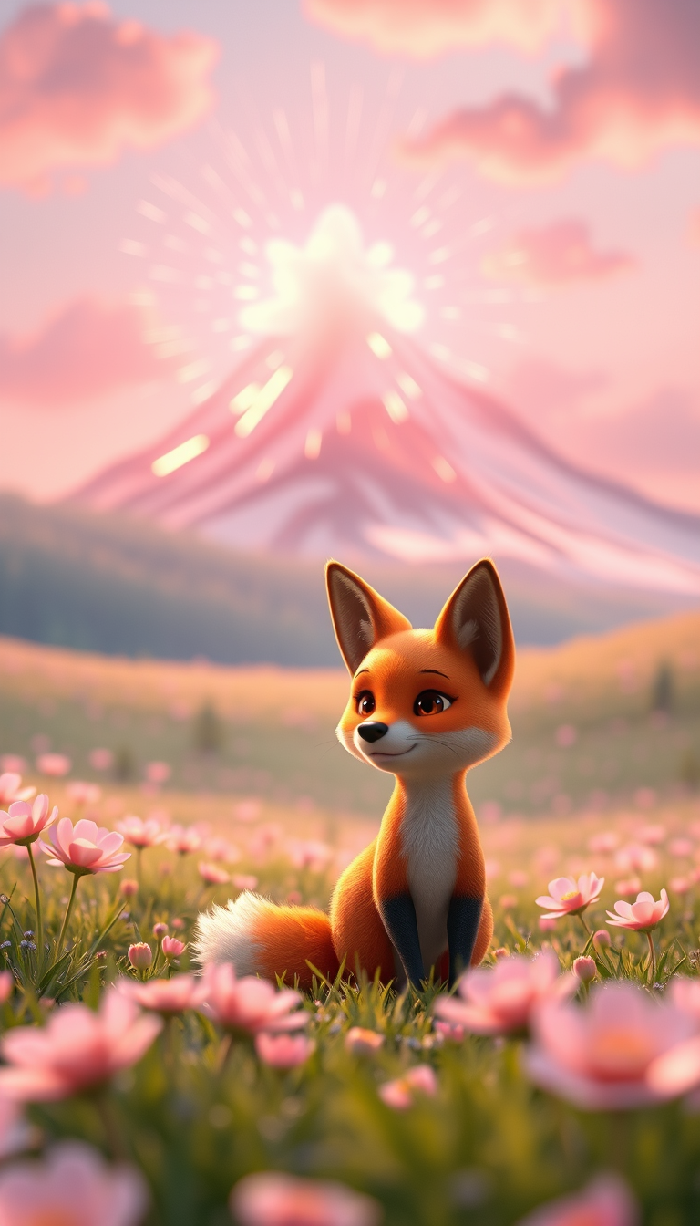 Main art studio: Un adorable petit renard orange court paniqué dans une prairie magique. Derrière lui, une énorme explosion de lumière rose éclate au sommet d'une mont
