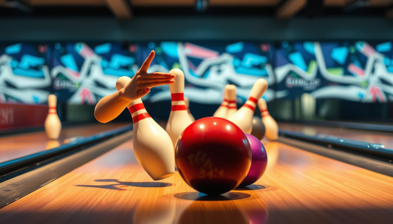 Main art studio: bowling spielen 3 erwachsene und einmal ich 15 jahre und ca 1,50m groß ich bin grad dran und man sieht wie ich grade einen strike hit