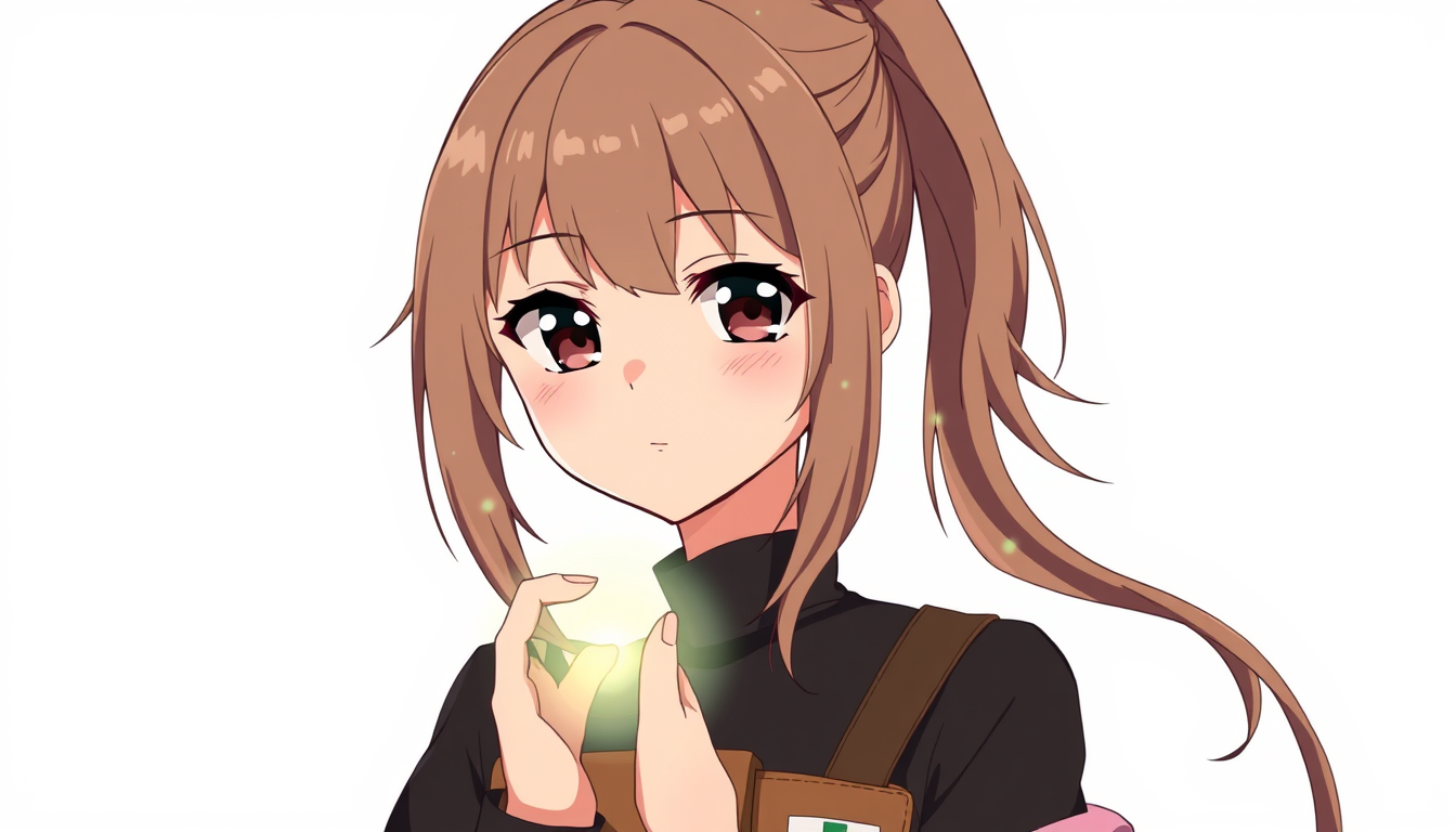 Main art studio: anime girl, calm and composed expression, serious but gentle face, subtle emotions, intelligent eyes, long brown hair in a tied ponytail, black eyes w
