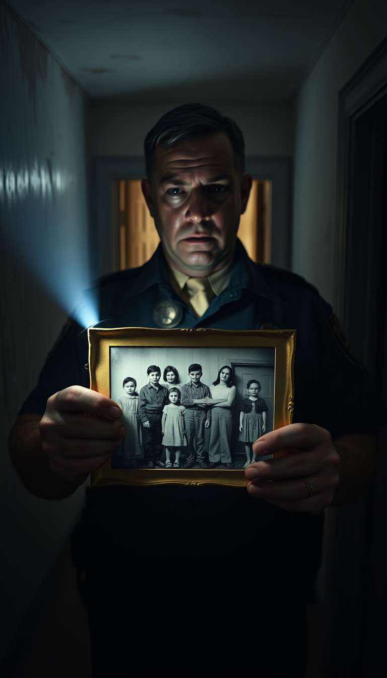 Main art studio: Photorealistic final horror scene inside completely empty abandoned farmhouse at night, police officer holding an old family photograph with flashligh