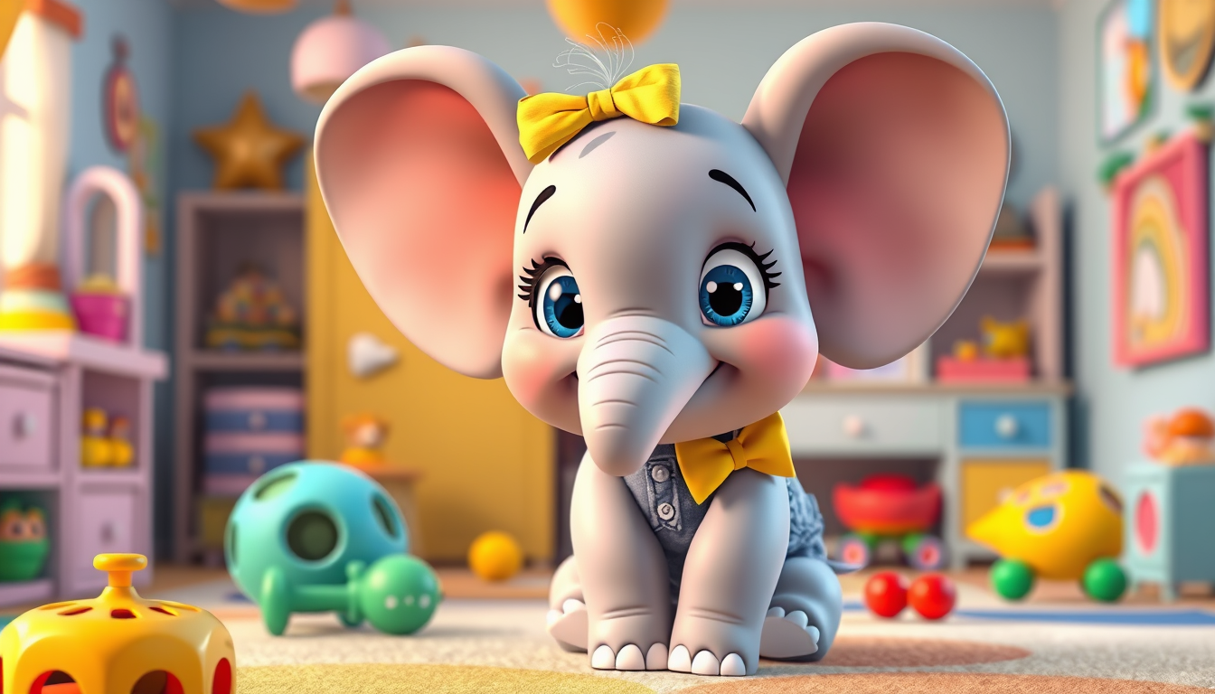 Main art studio: Cute 3D cartoon baby elephant named Ellie, big blue eyes, light gray skin, large floppy ears, small trunk, wearing a yellow bow and blue overalls, smi