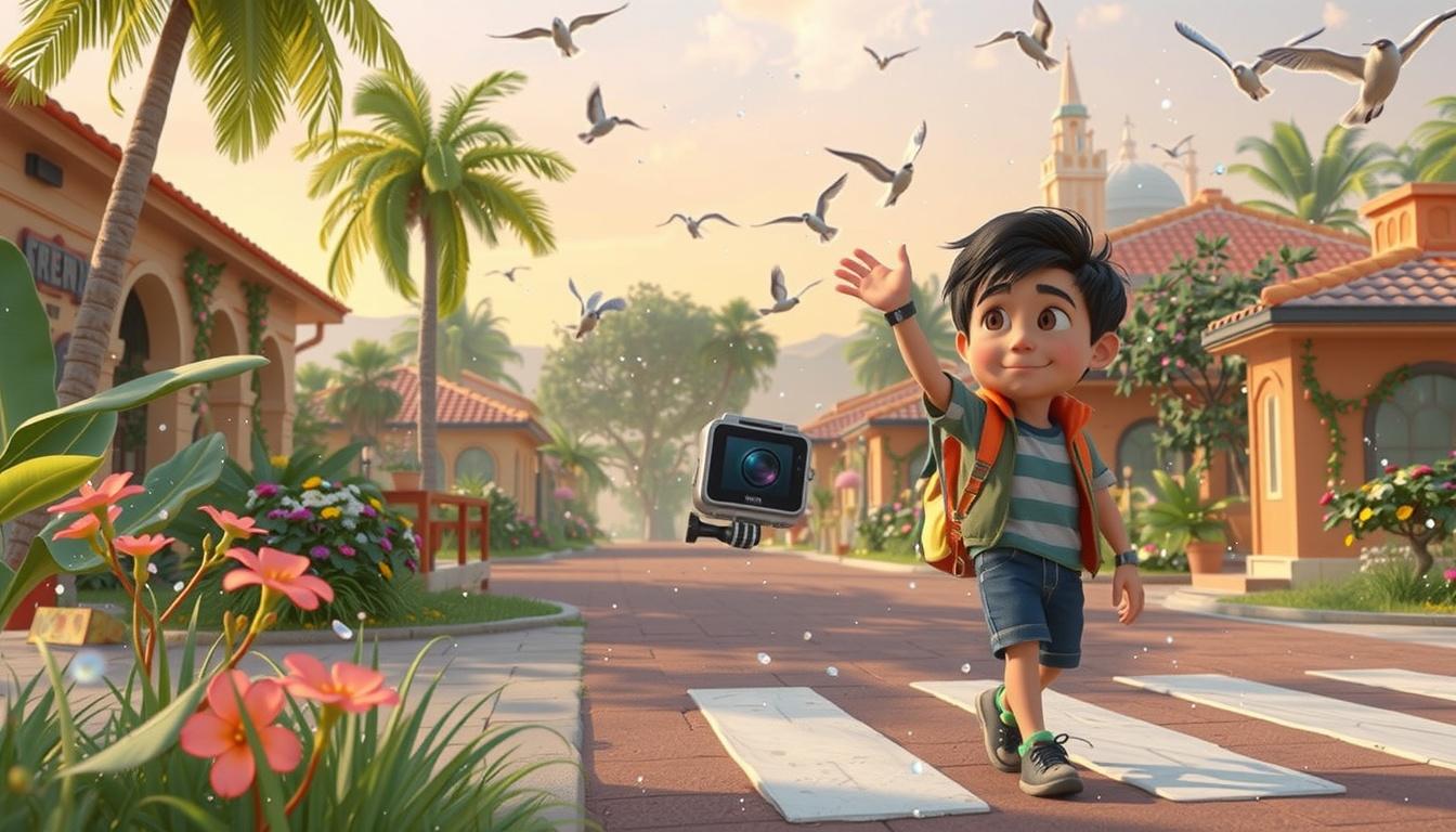 Main art studio: The smart camera gently flies out of Amir's backpack while sparkling magical particles surround it. Amir smiles happily and waves. Birds fly across th