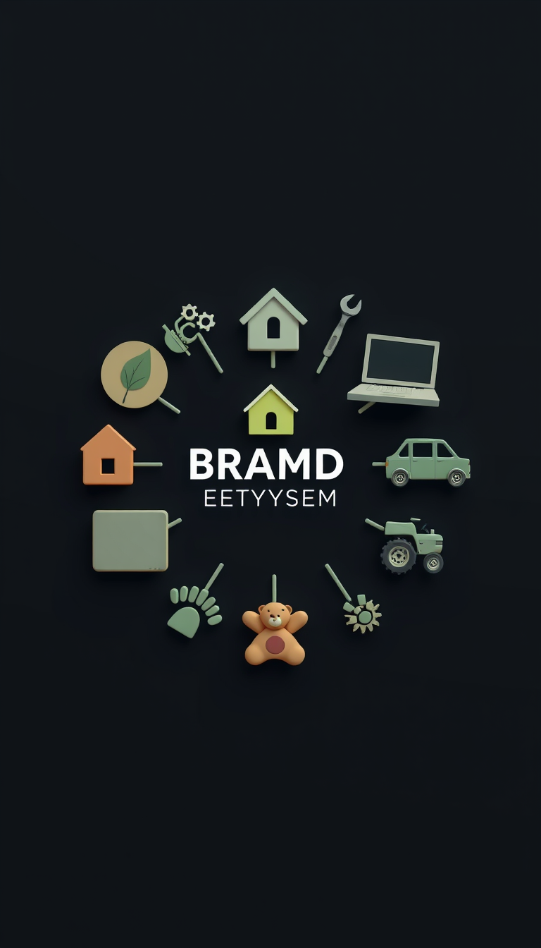 Main art studio: Create a premium 3D brand ecosystem in vertical 9:16. Dark deep-neutral background, elegant and professional, subtle cinematic lighting, controlled de