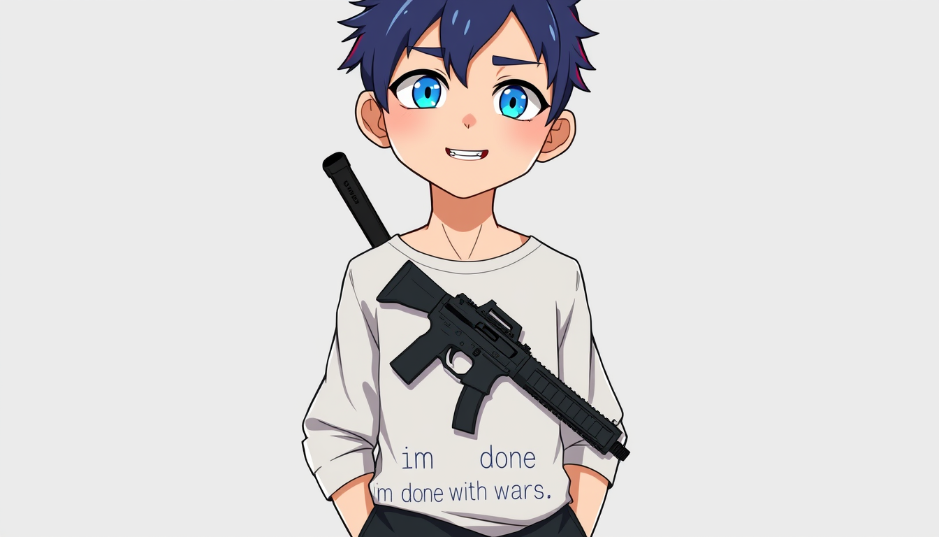 VTuber Avatar idea created from the prompt: vtuber avatar, anime style bust, expressive eyes, streaming overlay ready, A person with a cool gun on the shirt and blue eyes with a mouth