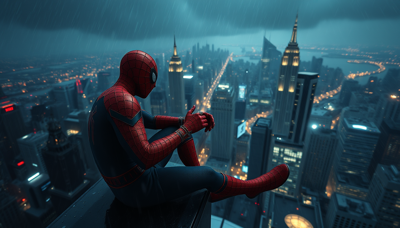 Main art studio: Scene of Spiderman sitting first person in top a building in a Windy City above New York, it's rainy windy and dark and th city below has people and t