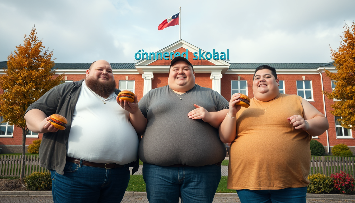 Main art studio: 3 fat people with burgers in there hands and are infront of a school,the school needs to have a sign that says "önneredskolan"